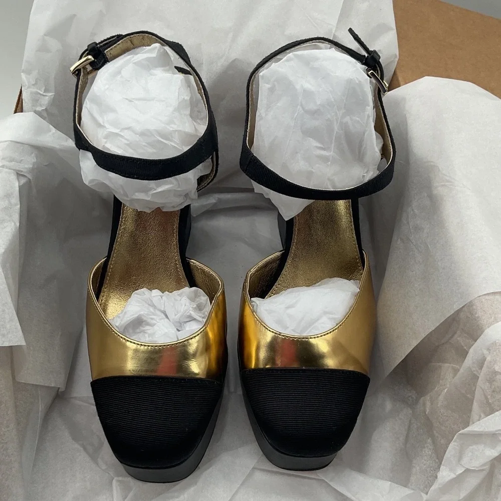 Michael Kors Bennett Gold Black Platform Block Heel Sandals Womens 6M Resort 19